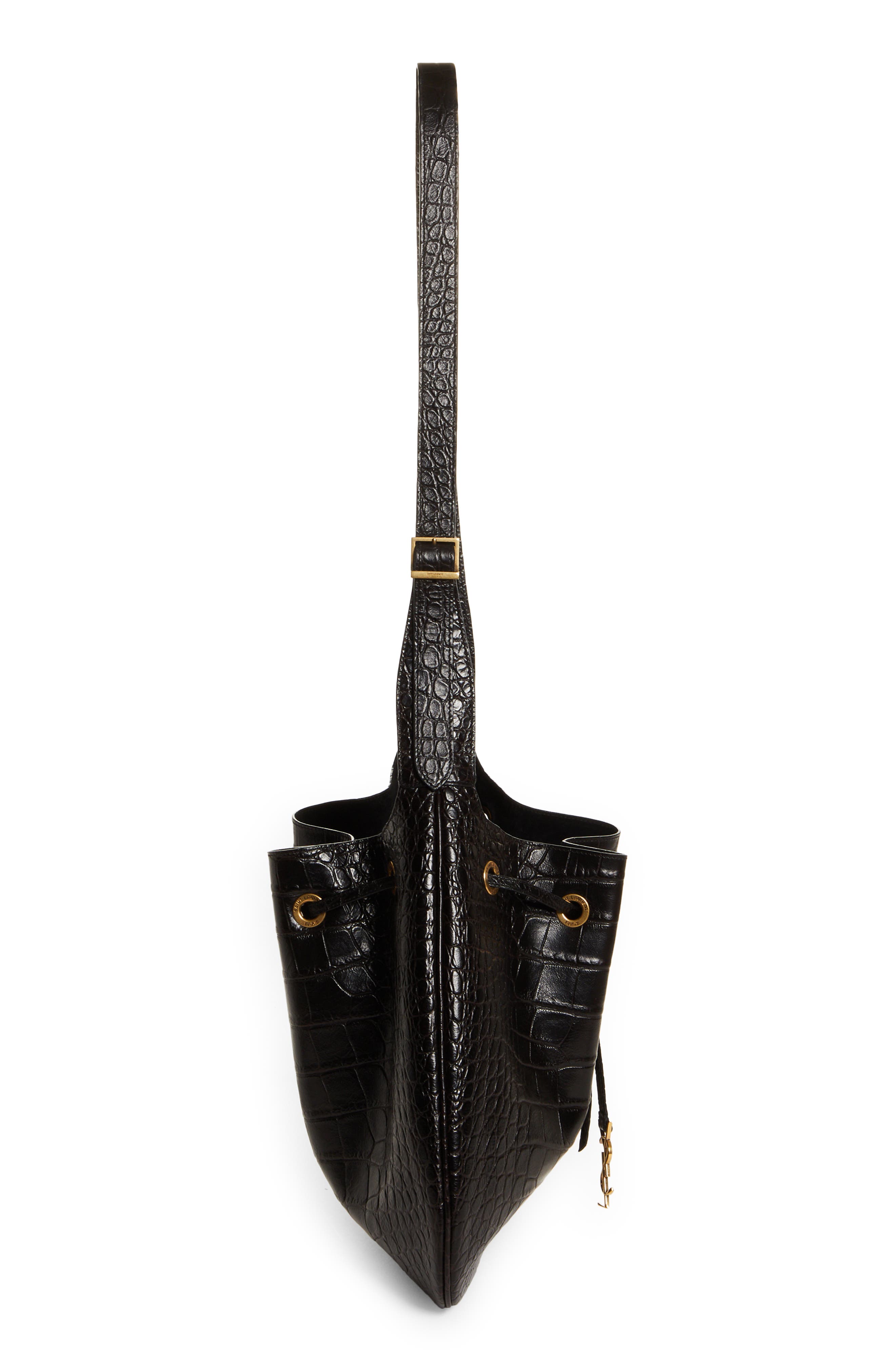 Saint Laurent Paris VII Flat Croc Embossed Leather Hobo Bag, Alternate, color, 