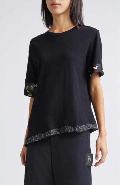 Contrast Trim Asymmetric Cotton T-Shirt