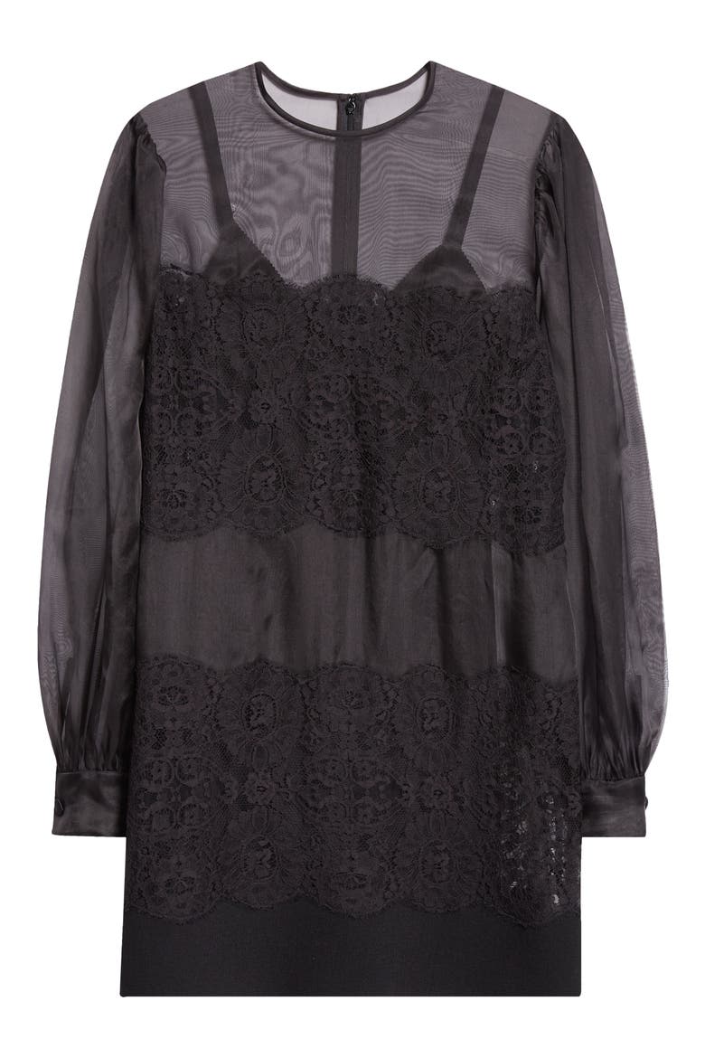 Lace Paneled Long Sleeve Sheer Silk Blend Organza Dress, Alternate, color, N0000 NERO