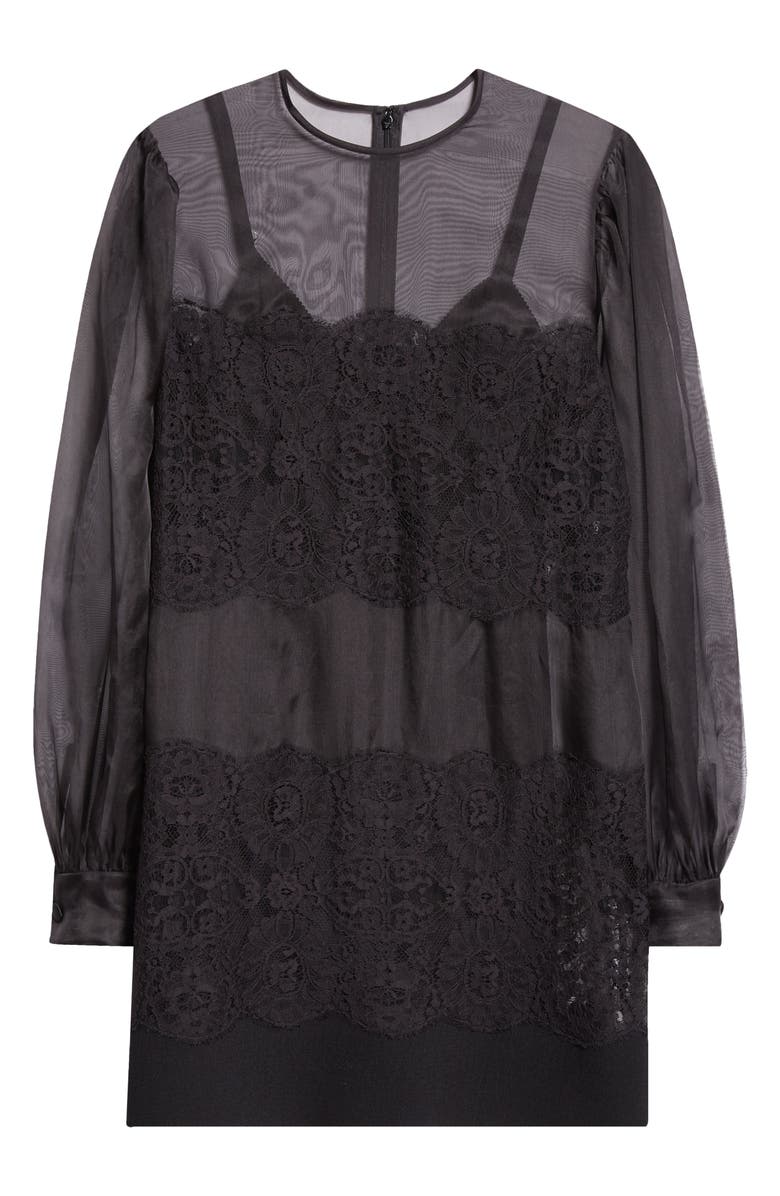 Dolce&Gabbana Lace Paneled Long Sleeve Sheer Silk Blend Organza Dress, Alternate, color, N0000 Nero
