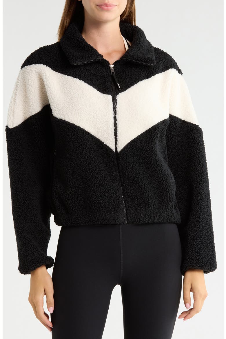 Lottie Chevron High Pile Fleece Full Zip Jacket, Alternate, color, BLACK/ CREME