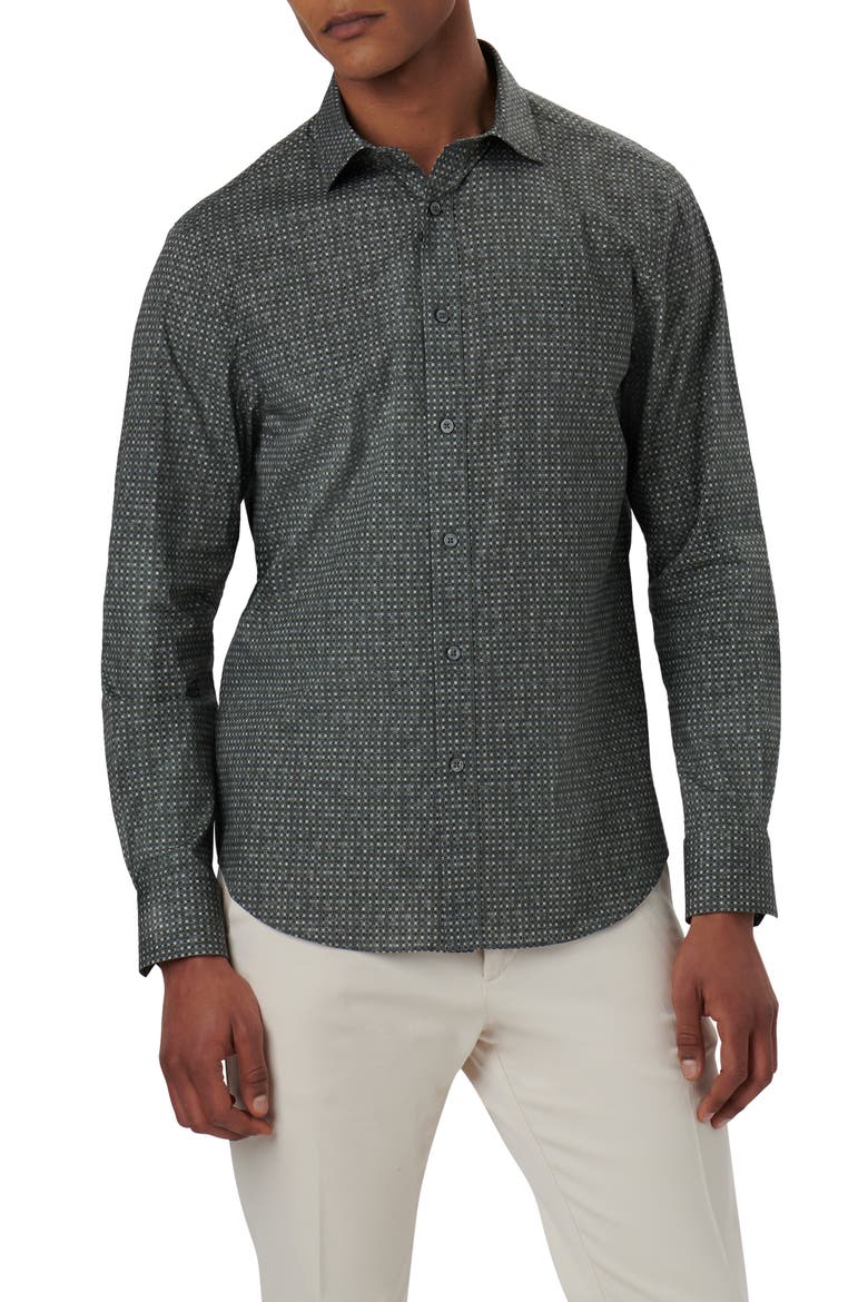Axel Shaped Fit Mosaic Print Stretch Cotton Button-Up Shirt, Main, color, KHAKI