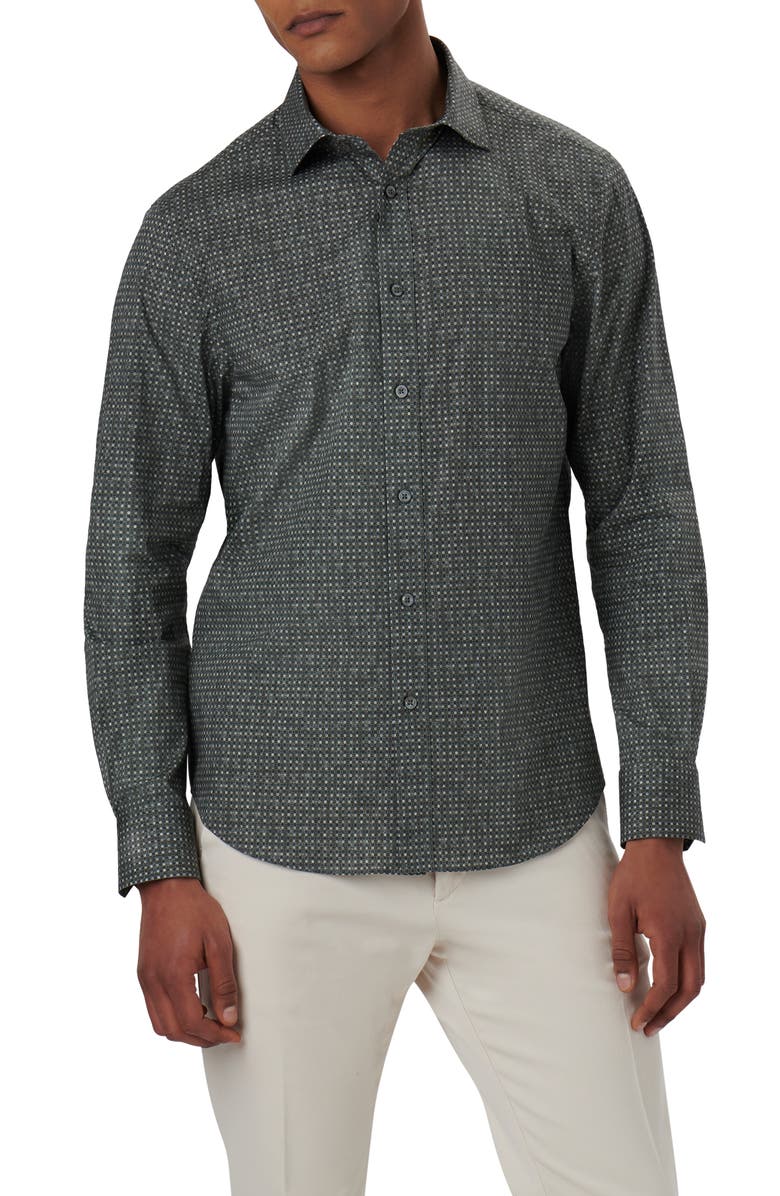 Bugatchi Axel Shaped Fit Mosaic Print Stretch Cotton Button-Up Shirt, Main, color, Khaki