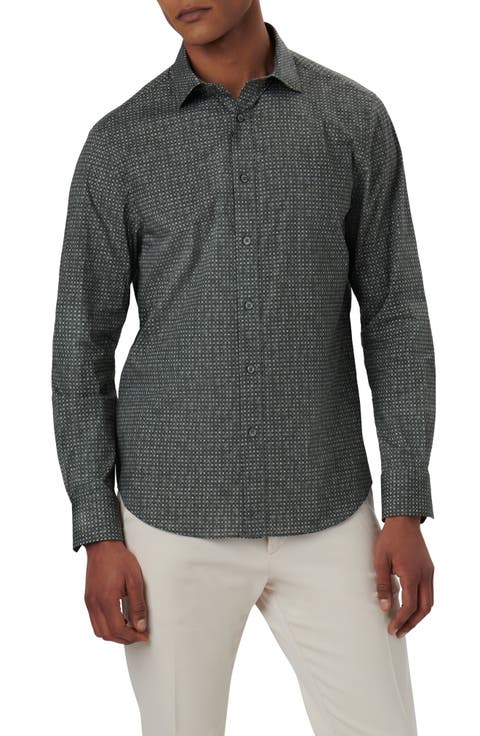 Axel Shaped Fit Mosaic Print Stretch Cotton Button-Up Shirt