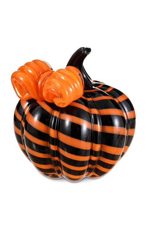 Halloween Striped Glass Pumpkin with Bow