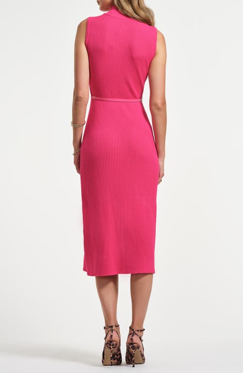 Isaac Mizrahi New York Sleeveless Belted Rib Midi Sweater Dress In Pink