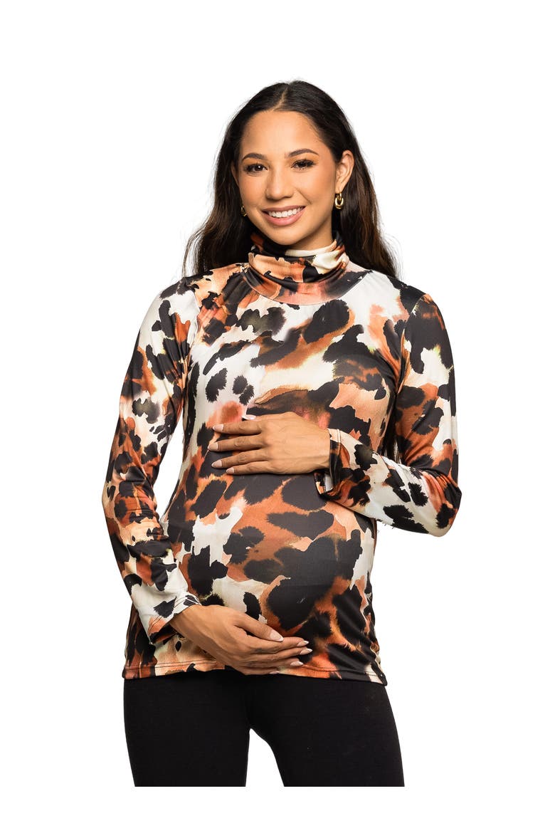 Maternity Essential Long Sleeve Animal Print Turtleneck Top, Main, color, Brown Multi