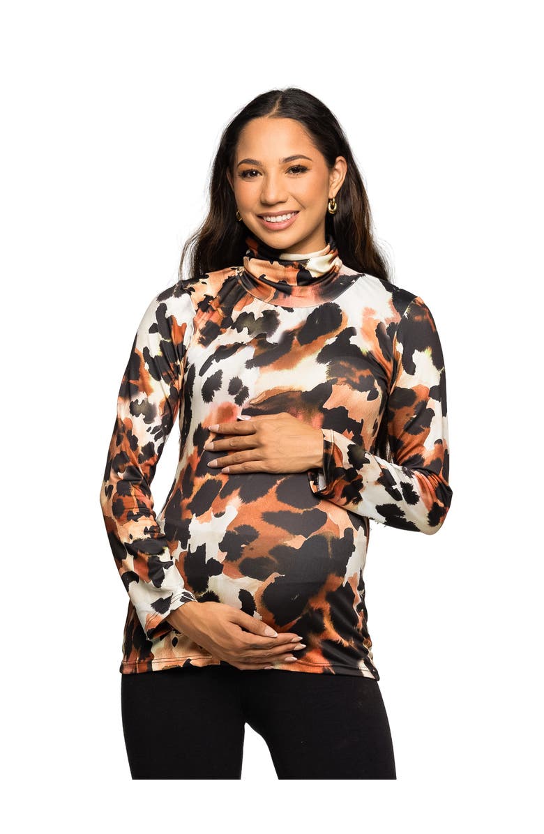 24seven Comfort Apparel Maternity Essential Long Sleeve Animal Print Turtleneck Top, Main, color, Brown Multi