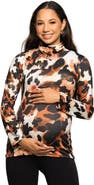 24seven Comfort Apparel Maternity Essential Long Sleeve Animal Print Turtleneck Top