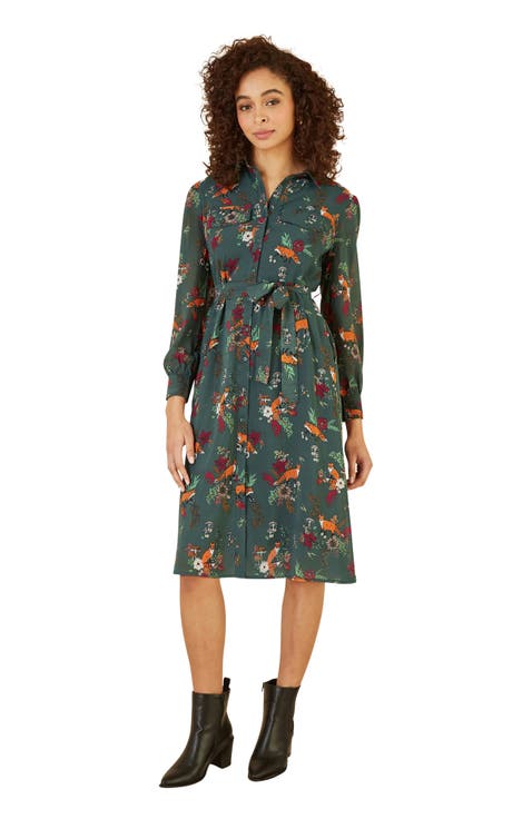 Fox Print Shirt Midi Dress