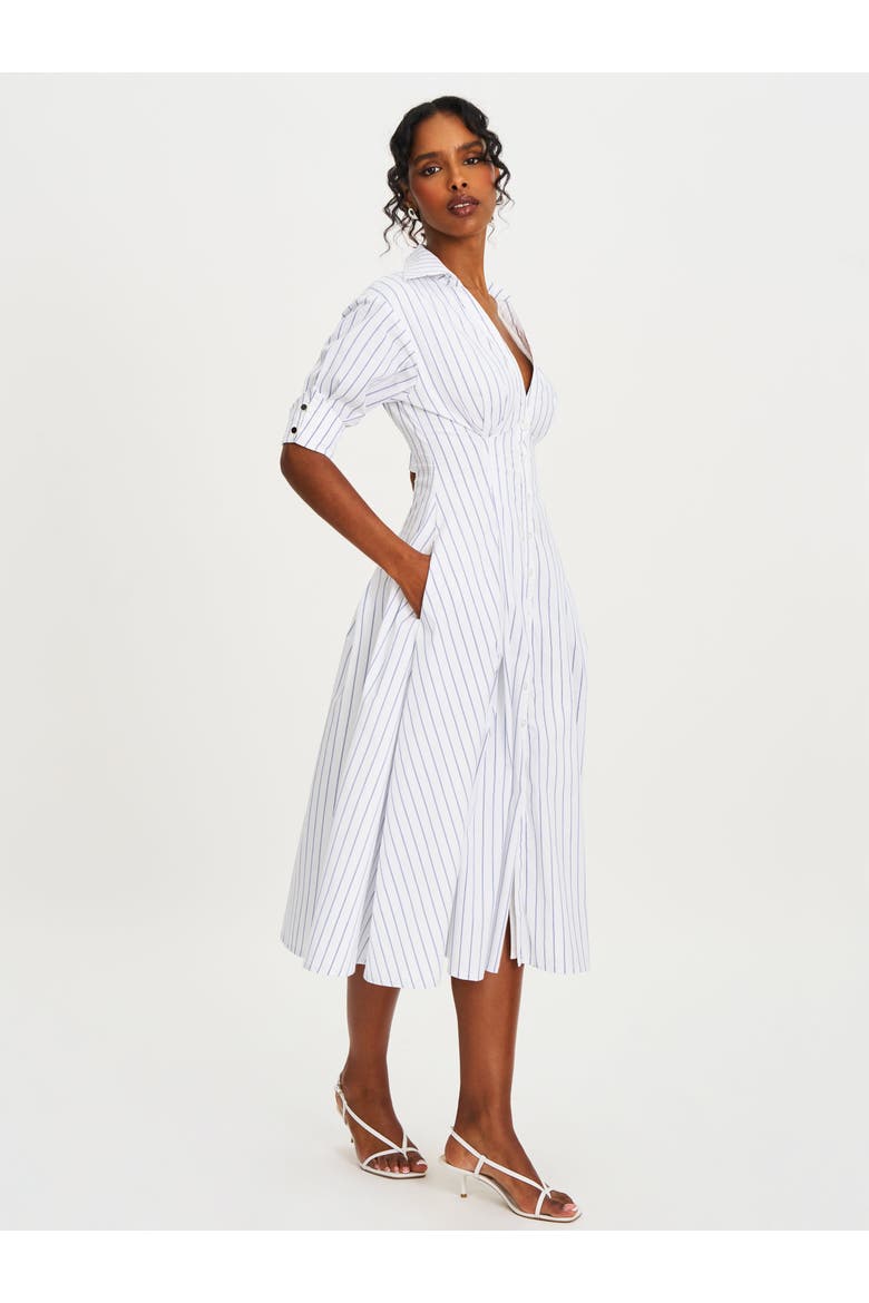 Palina Pinstripes Cotton Poplin Pleated Midi Preppy Shirt Dress, Alternate, color, White