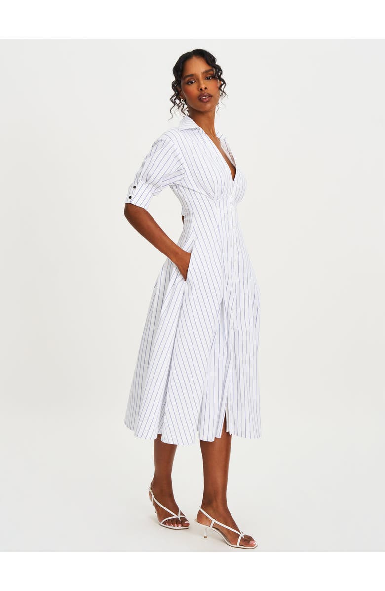Miss Circle Palina Pinstripes Cotton Poplin Pleated Midi Preppy Shirt Dress, Alternate, color, White