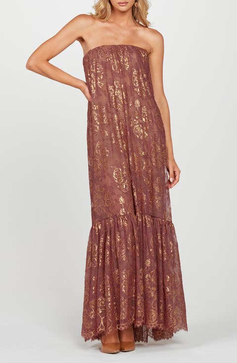 Cara Metallic Strapless Lace Overlay Maxi Cocktail Dress