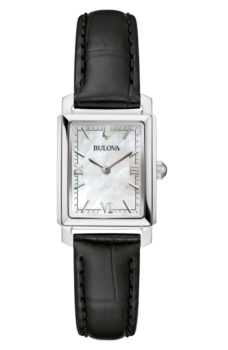 BULOVA Sutton Mother-of-Pearl Leather Strap Watch, 21mm, Main, color, Silver-Tone