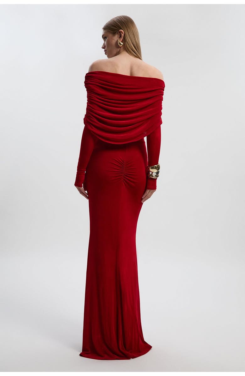Karen Millen Ruched Off Shoulder Fishtail Maxi Dress, Alternate, color, Red