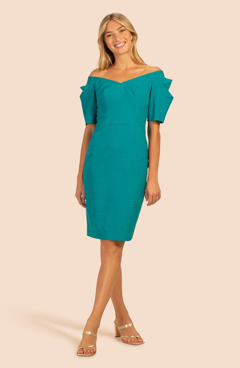 Trina Turk Witty Off the Shoulder Short Sleeve Sheath Dress, Alternate, color, Tile Blue