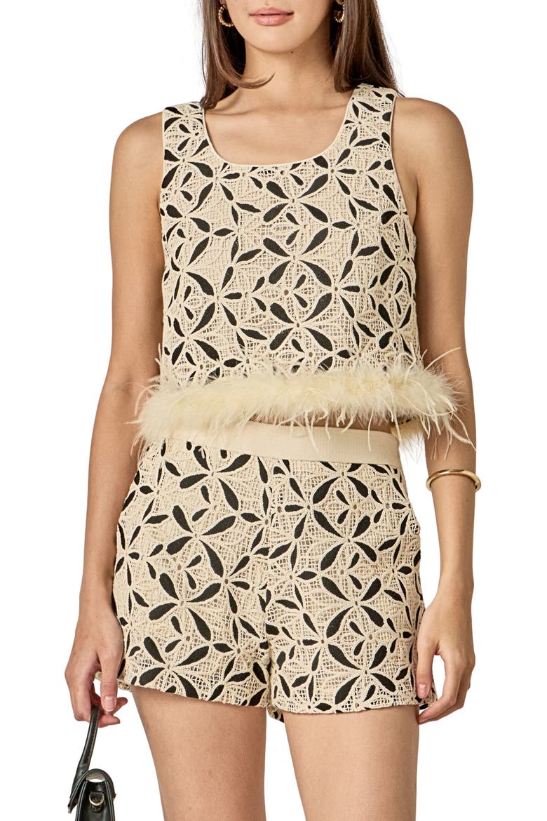 Crochet Lace Feather Crop Tank, Main, color, CREAM/ BLACK