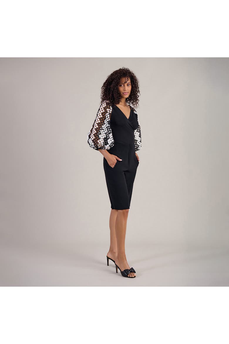 Women's  Mirella Black V-Neck Top With Sheer Mesh Sleeves, Alternate, color, Black