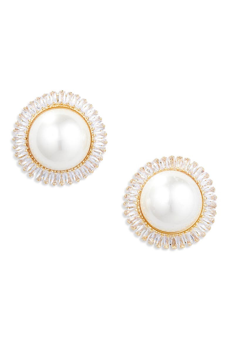 Crystal & Faux Pearl Button Stud Earrings, Main, color, GOLD CZ PEARL