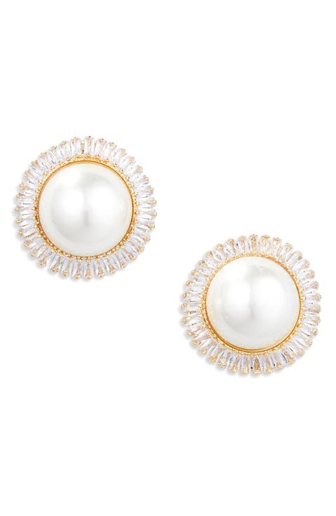 Crystal & Faux Pearl Button Stud Earrings