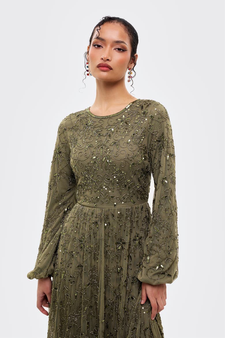 Modest Ebellished Sequins A Line Maxi Dress, Alternate, color, KHAKI