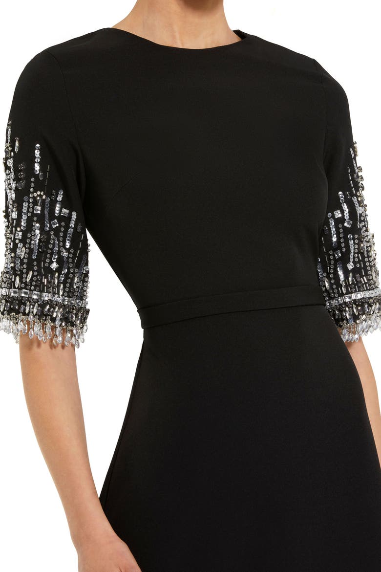 Petite Crepe A Line Gown With Beaded 3/4 Sleeves, Alternate, color, Black