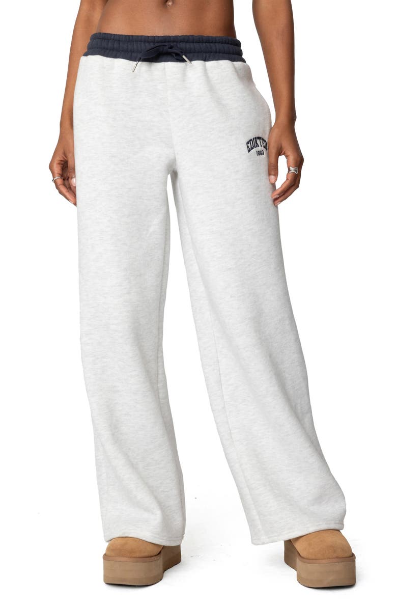 EDIKTED Contrast Waist Logo Wide Leg Sweatpants, Main, color, Gray-Melange
