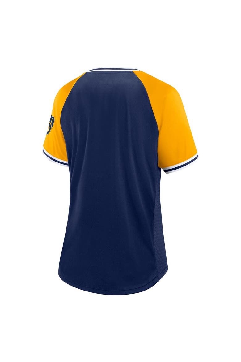 Women's Fanatics Branded Navy Milwaukee Brewers Glitz & Glam League Diva Raglan V-Neck T-Shirt, Alternate, color, Navy