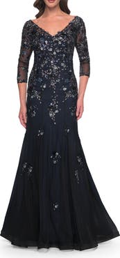 La Femme Mermaid Lace Applique Gown with V Neckline and Sleeves