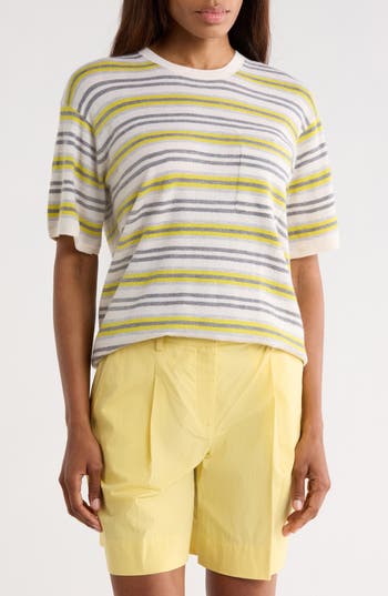 TWP Beach Stripe Short Sleeve Wool Sweater in Ivory /Lemon Multi at Nordstrom Rack, Size X-Small