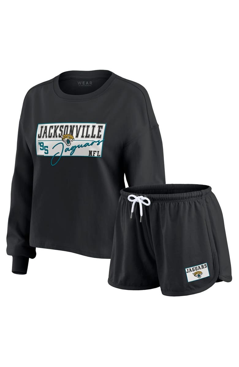 WEAR by Erin Andrews Women's WEAR by Erin Andrews Black Jacksonville Jaguars Heavy Rugby Jersey Long Sleeve T-Shirt & Shorts Lounge Set, Alternate, color, Black