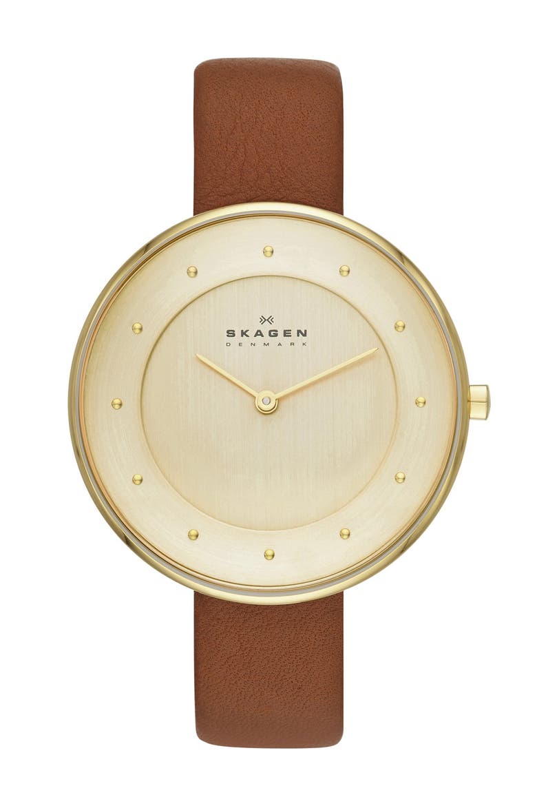 'Gitte' Round Slim Leather Strap Watch, 38mm, Main, color, SADDLE/ GOLD
