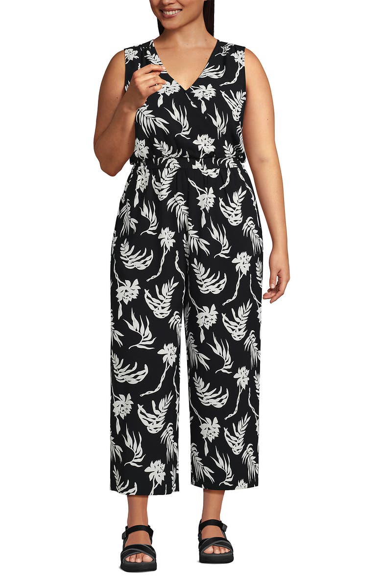 Lands' End Sleeveless Creaseless Wrap Jumpsuit with Smocked Waist, Alternate, color, Black Tropic Floral