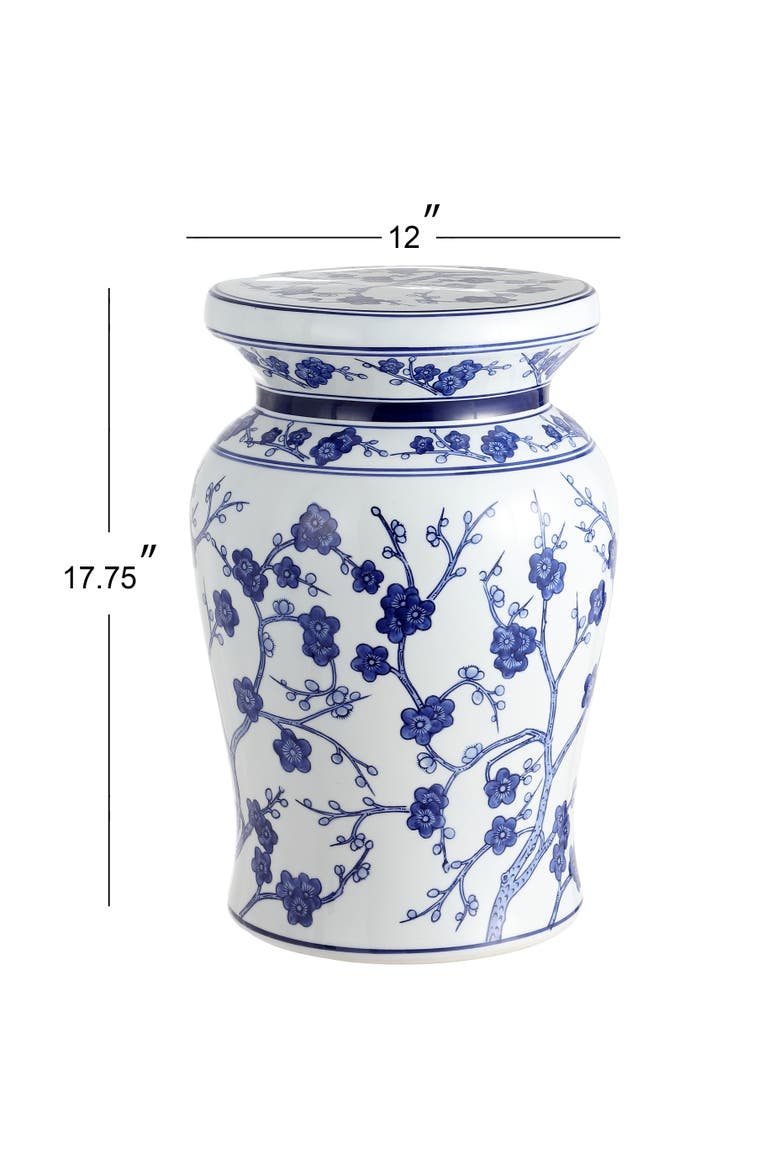 Cherry Blossom Traditional Chinoiserie Floral Ceramic Garden Stool, Indoor/Outdoor Patio Side Table, Accent Seat & End Table, Alternate, color, White/Blue