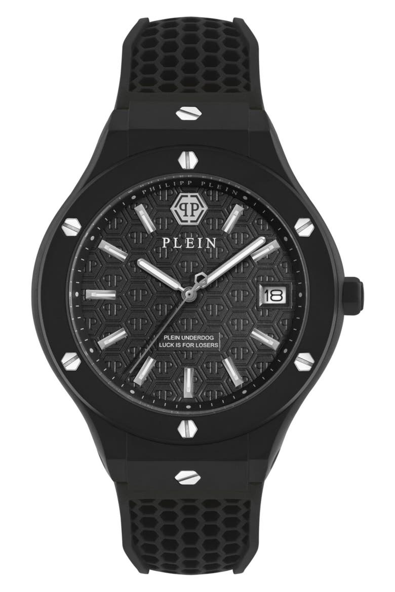 Plein Underdog Silicone Strap Watch, Main, color, BLACK