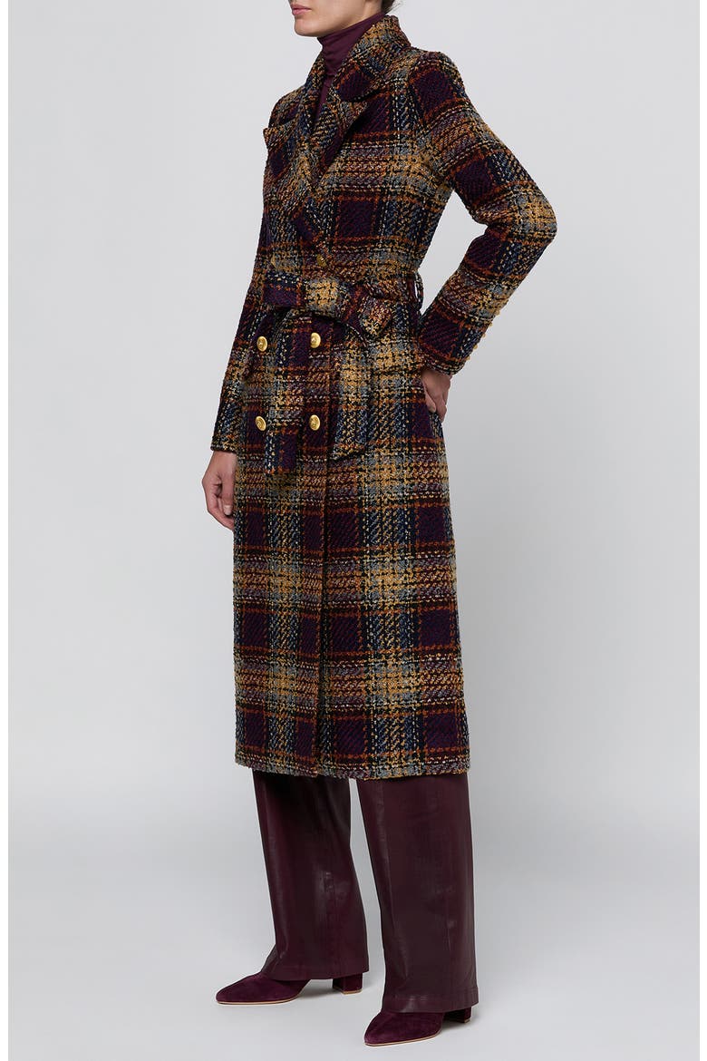 Kolina Plaid Double Breasted Long Coat with Belt, Alternate, color, NAVY/ BURG MULTI TWEED