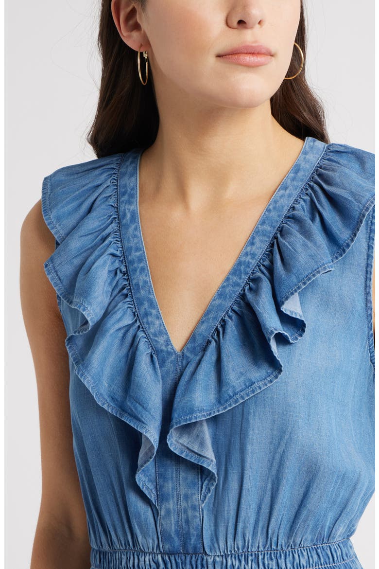 Ruffle Sleeveless Chambray Maxi Dress, Alternate, color, MEDIUM WASH