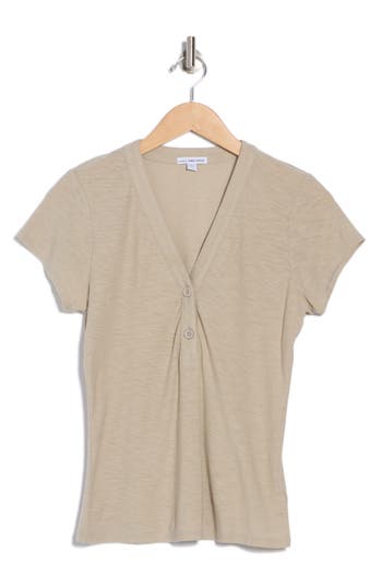 James Perse V-neck Cotton Blend Henley In Mineral