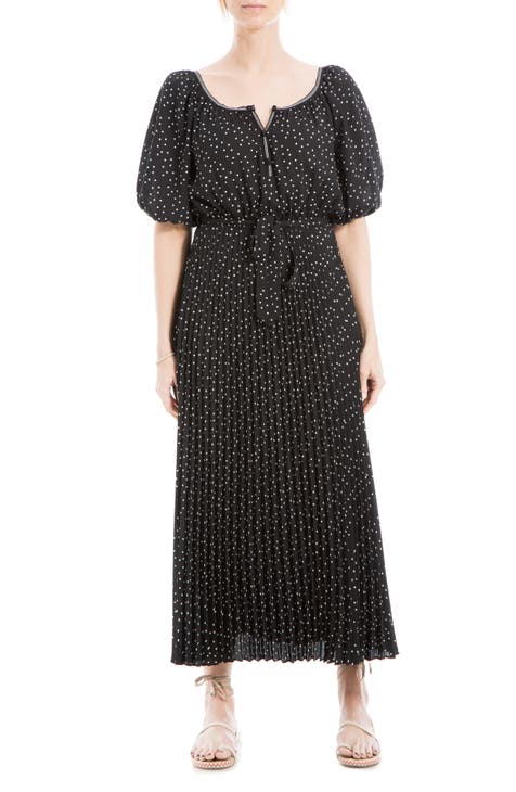 Polka Dot Pleated Crepe Maxi Dress