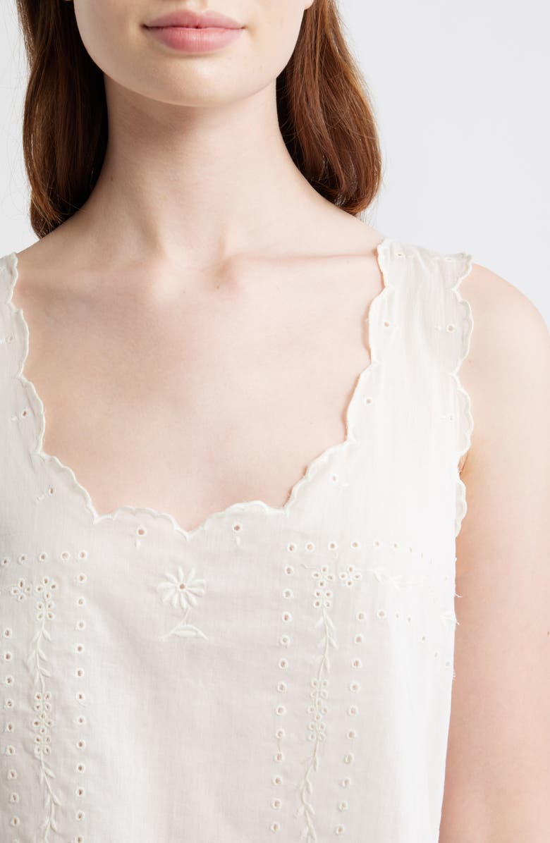 THE GREAT. The Eyelet Embroidered Scallop Trim Cotton Tank, Alternate, color, White