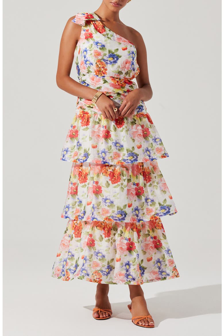 Natali Floral Print One-Shoulder Tiered Dress, Alternate, color, WHITE CORAL FLORAL