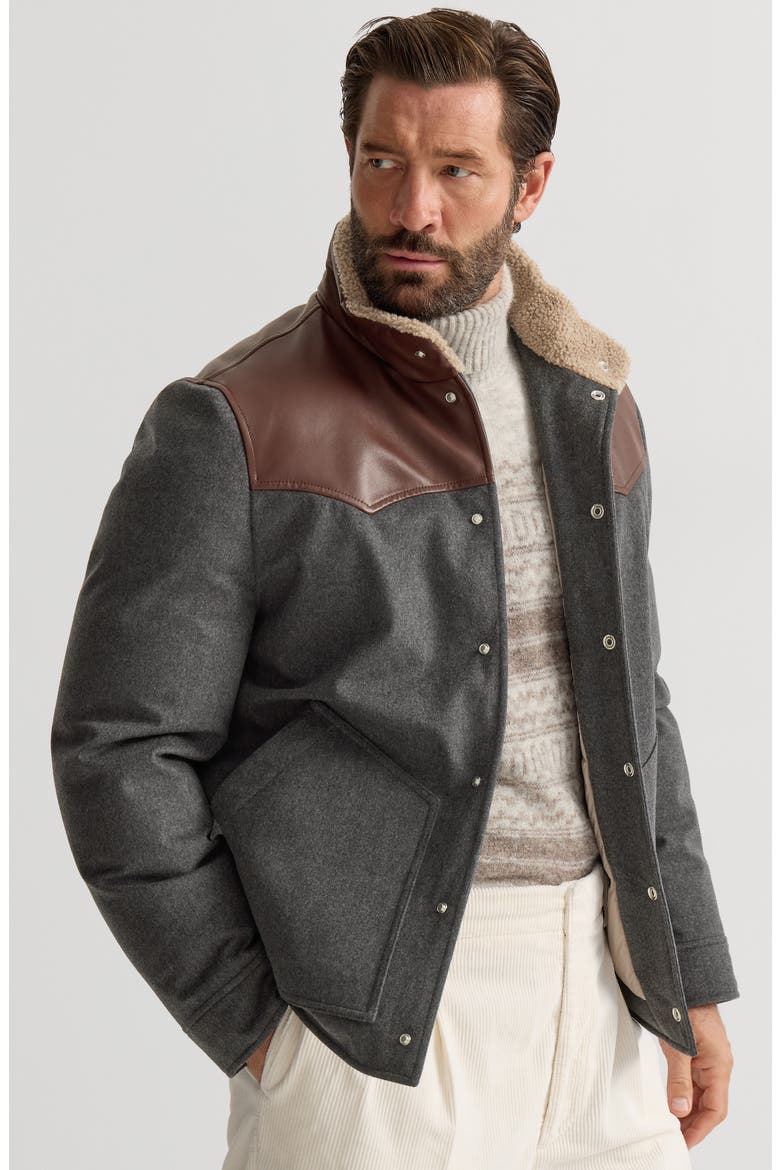 Bonded wool flannel paneled down jacket with shearling collar, Alternate, color, Dark Grey