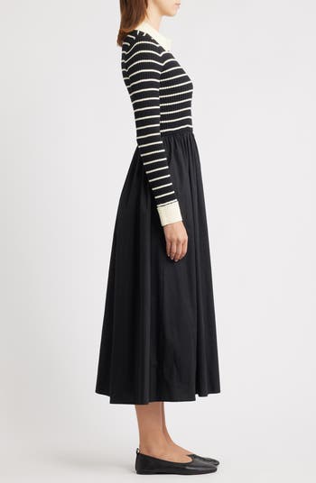 Stripe Long Sleeve Twofer Midi Dress