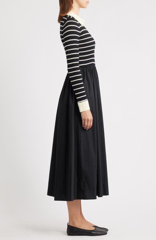 Moon River Stripe Long Sleeve Twofer Midi Dress In Black