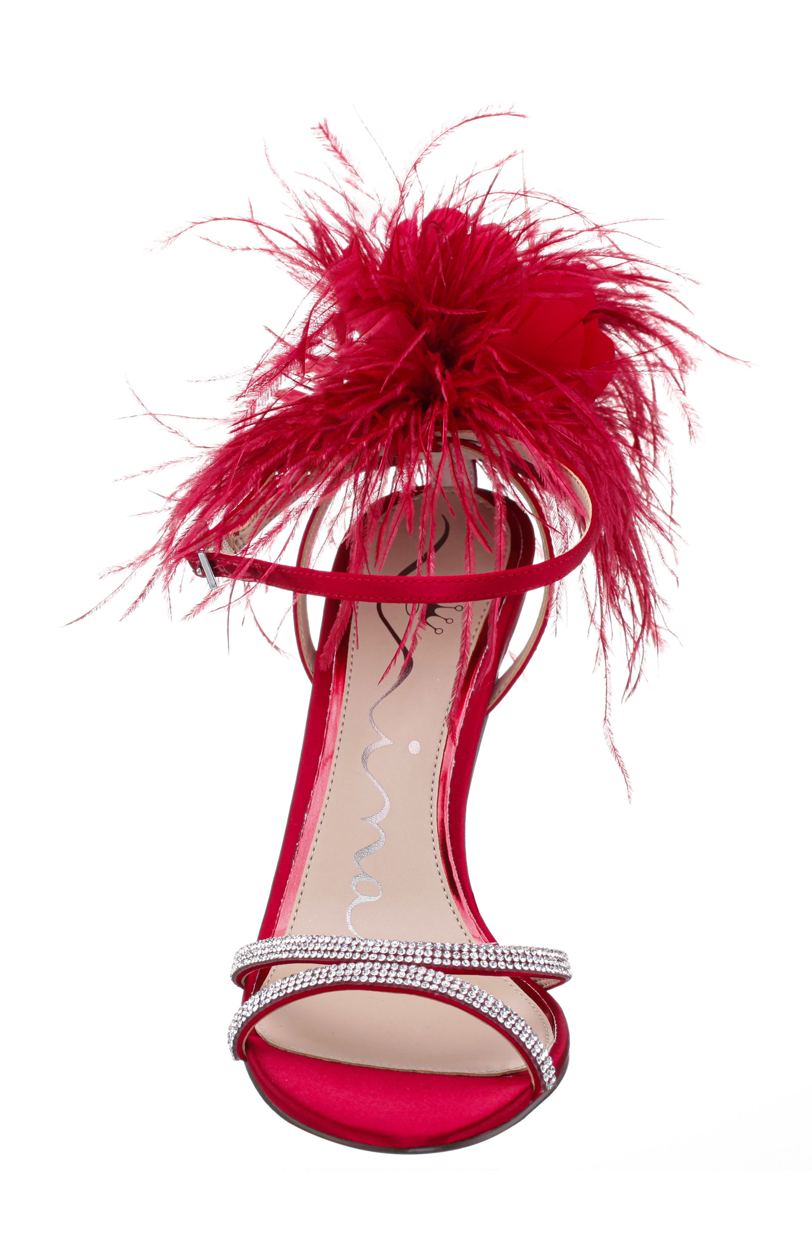 Nina Demi Faux Feather Ankle Strap Sandal, Alternate, color, Red