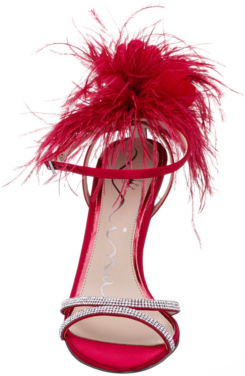 Nina Demi Faux Feather Ankle Strap Sandal, Alternate, color, Red