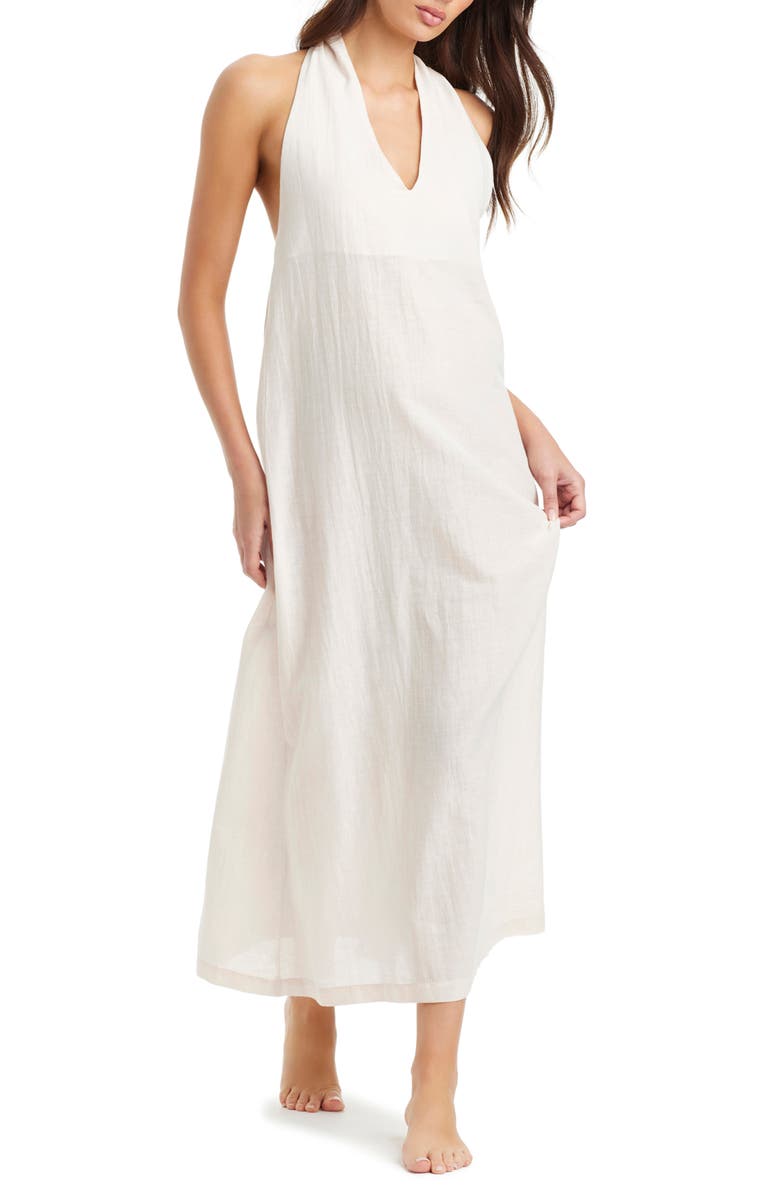Sanctuary Twist Neck Cotton & Linen Cover-Up Dress, Alternate, color, White Sand