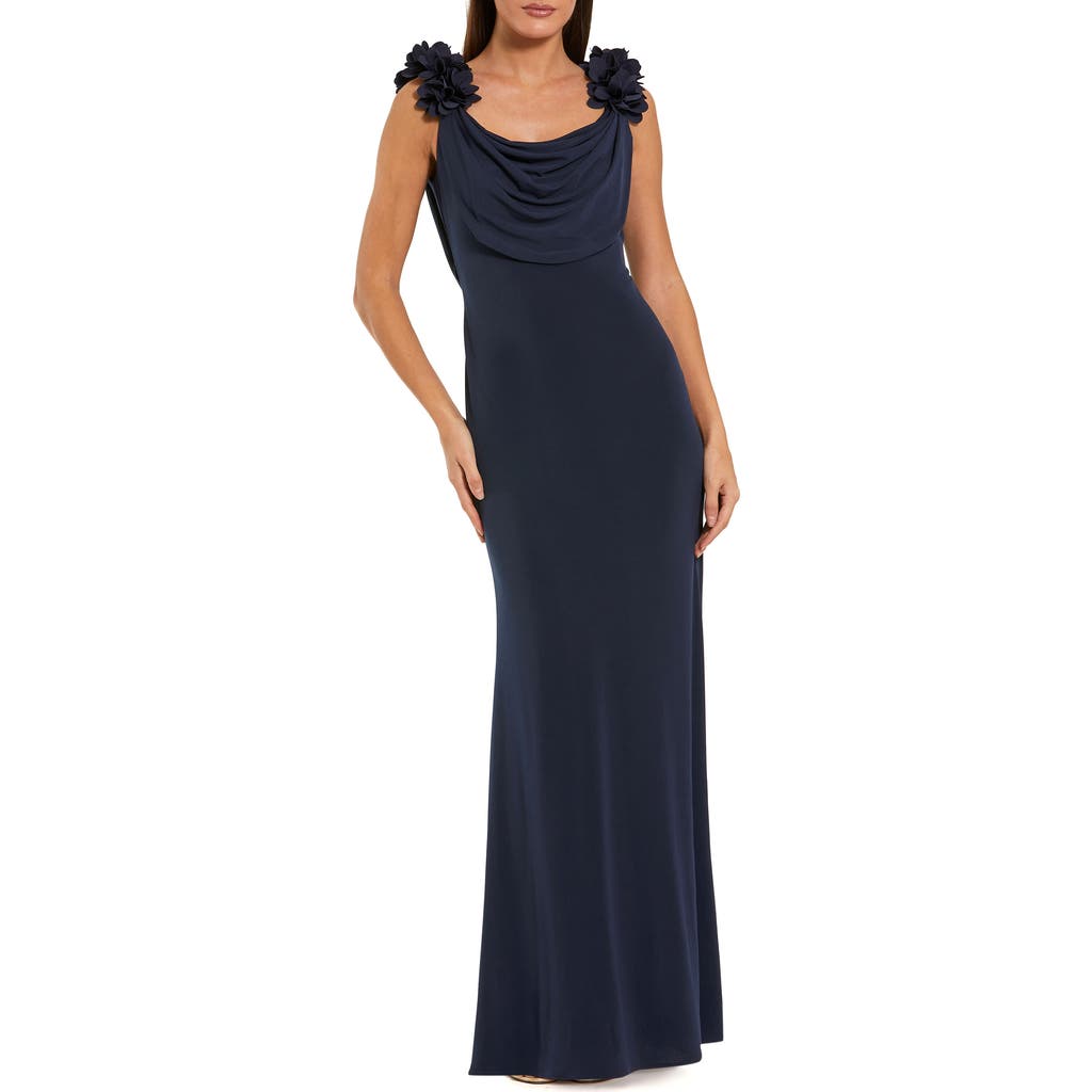 Mac Duggal Petite Floral-Appliqué Cowl-Neck Sheath Gown in Midnight at Nordstrom, Size Medium