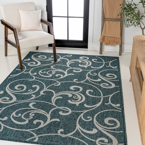 Jonathan Y Maribel Traditional Classic All-over Scroll Indoor/outdoor Area Rug In Turquoise/cream
