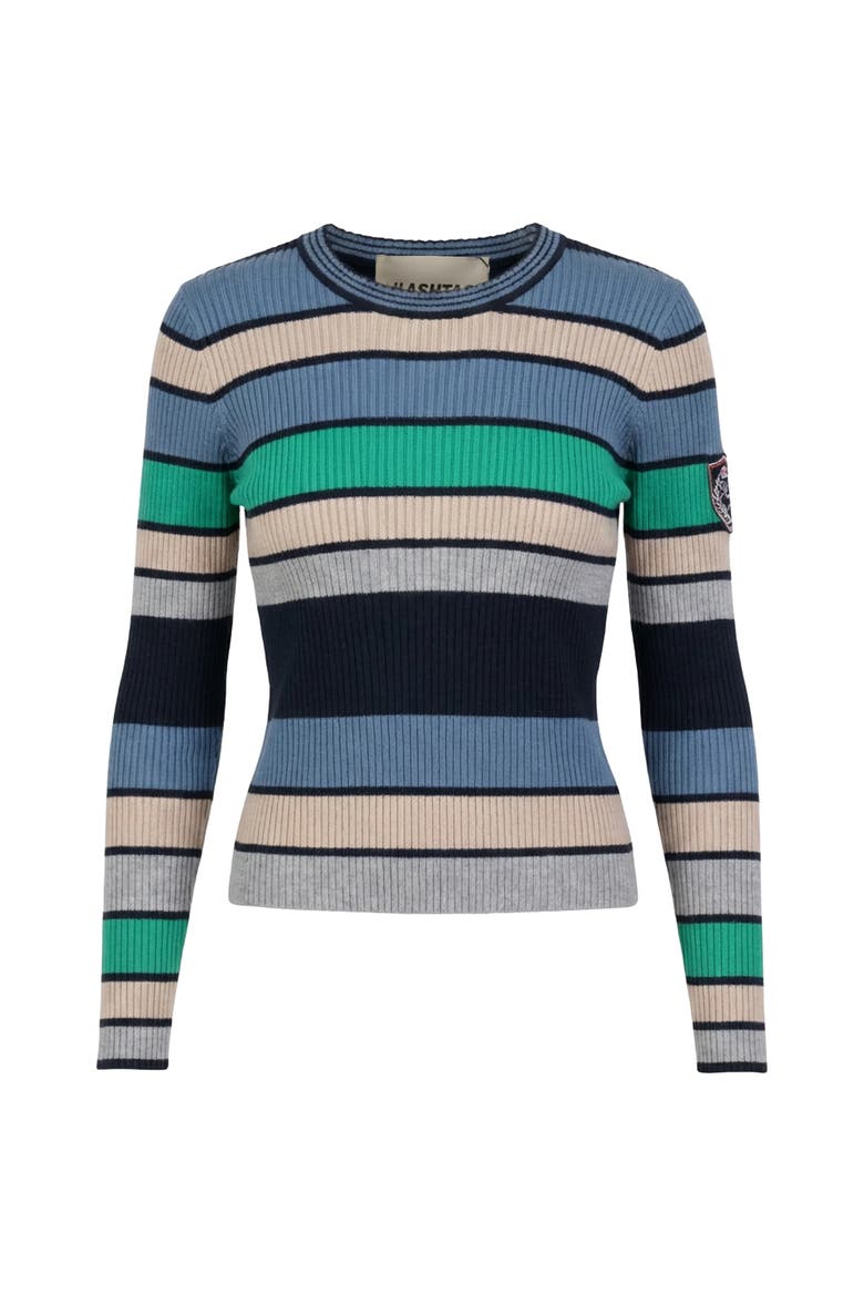 Multi Stripe Embroidered Sleeve Lightweight Knit Sweater, Main, color, Navy/Multi
